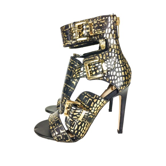 Sam Edelman Black & Gold Animal Print Strappy Caged Stiletto Heels Size 6M - Picture 2 of 12